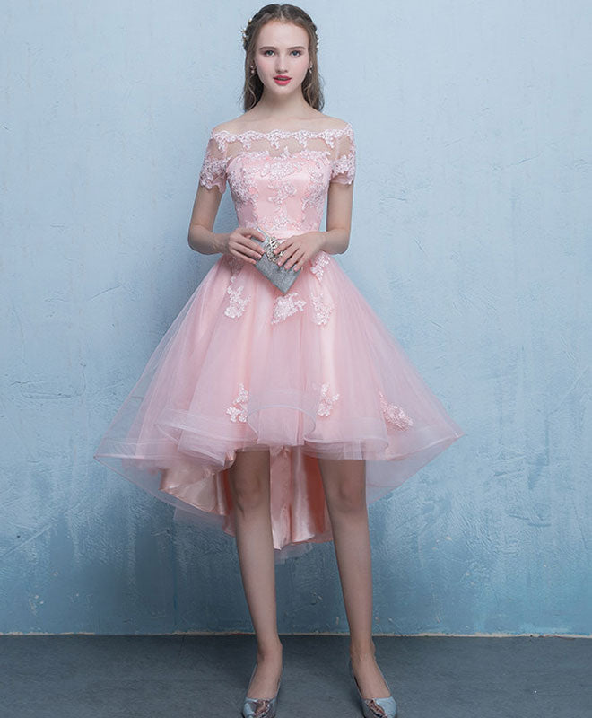 Dark Blue Lace Tulle Short Prom Dress, High Low Evening Dress