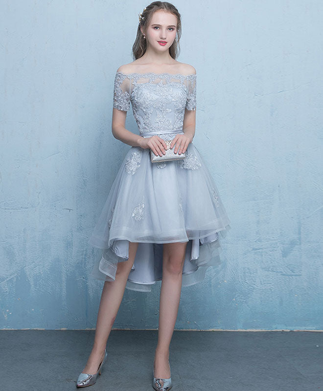 Dark Blue Lace Tulle Short Prom Dress, High Low Evening Dress
