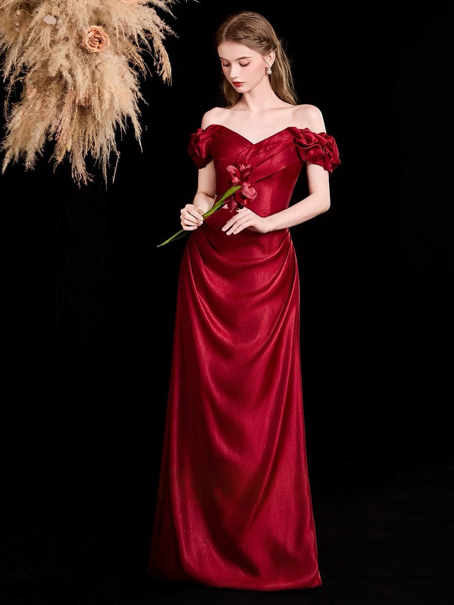 Sweetheart Off Shoulder A-line Burgundy Long Prom Dress