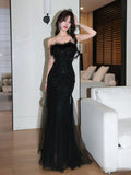 Unique Mermaid Tulle Lace Black Long Prom Dress with Feather