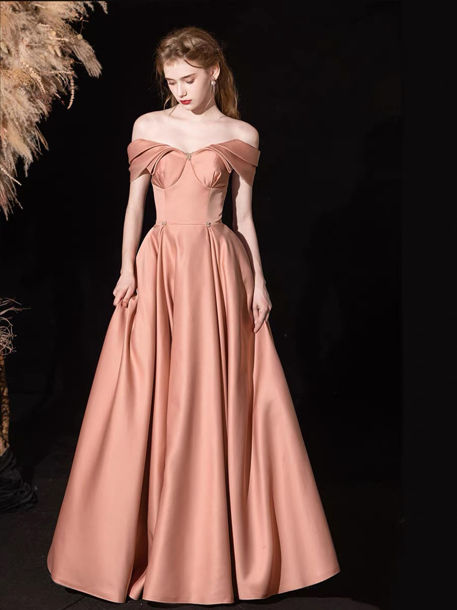 A-line Off Shoulder Satin Floor Length Pink Long Prom Dress