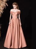 A-line Off Shoulder Satin Floor Length Pink Long Prom Dress