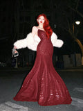 Mermaid V Neck Sequin Burgundy Long Prom Dress, Burgundy Party Dress