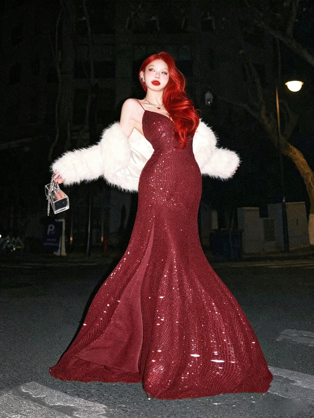 Mermaid V Neck Sequin Burgundy Long Prom Dress, Burgundy Party Dress