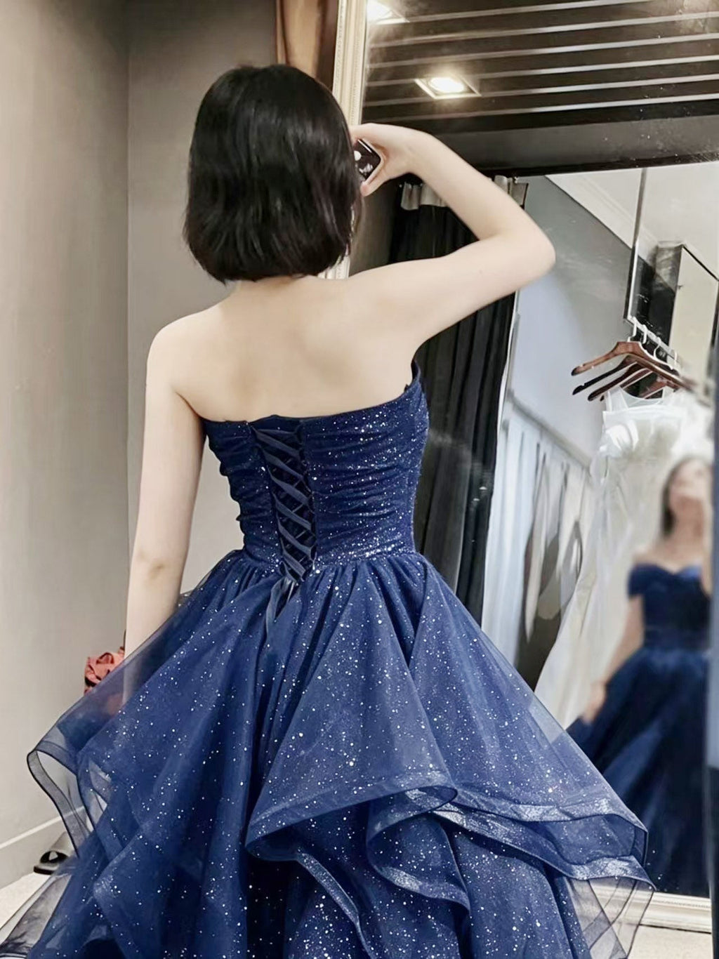 A-Line Sweetheart Neck Tulle Long Prom Dress, Dark Blue Long Formal Dress