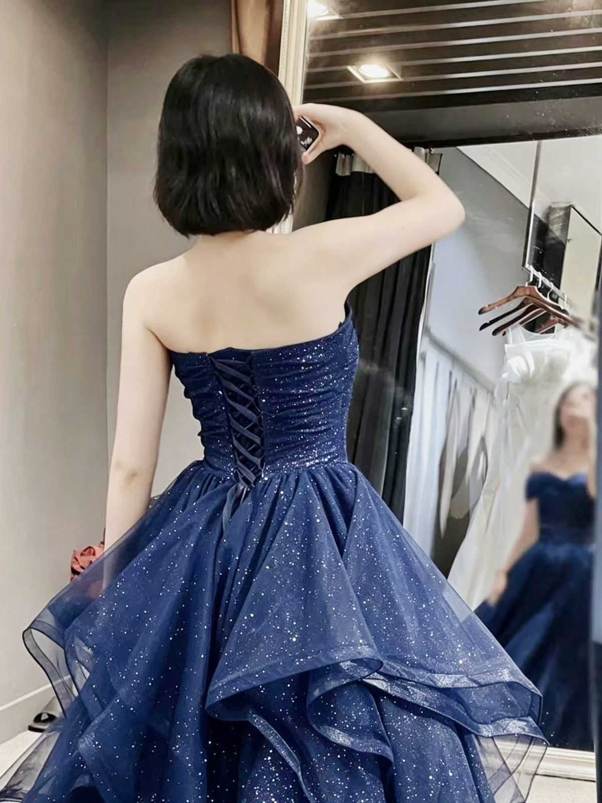 A-Line Sweetheart Neck Tulle Long Prom Dress, Dark Blue Long Formal Dress