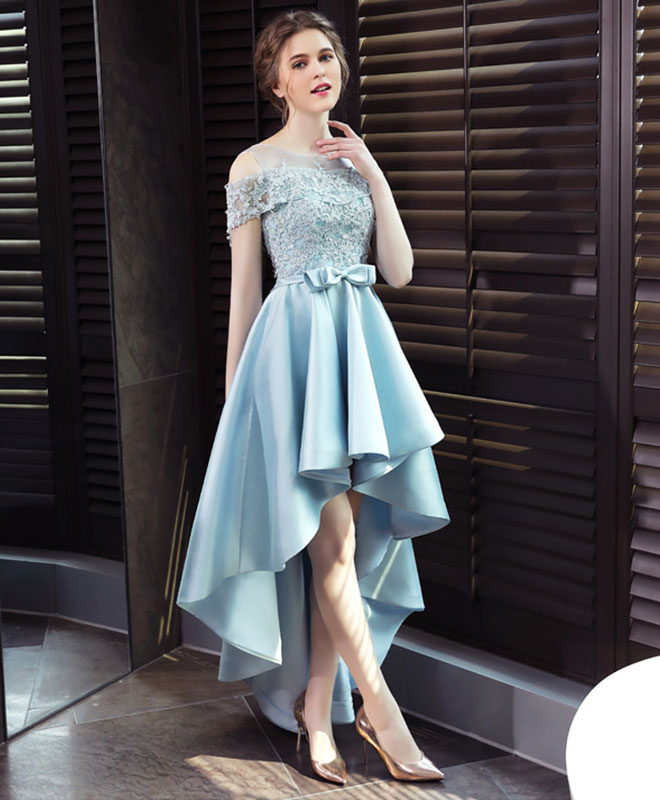 Light Blue Satin Lace Prom Dress, Blue Lace Evening Dress