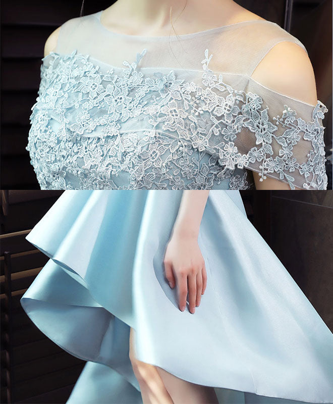 Light Blue Satin Lace Prom Dress, Blue Lace Evening Dress