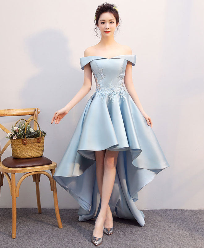 Light Blue High Low Lace Prom Dress, Blue Formal Bridesmaid Dress