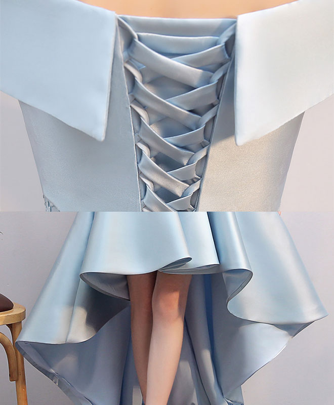Light Blue High Low Lace Prom Dress, Blue Formal Bridesmaid Dress