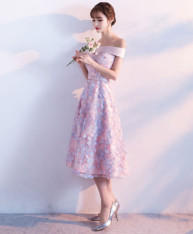 Cute Pink Lace Short Prom Dress, Pink Evening Dress
