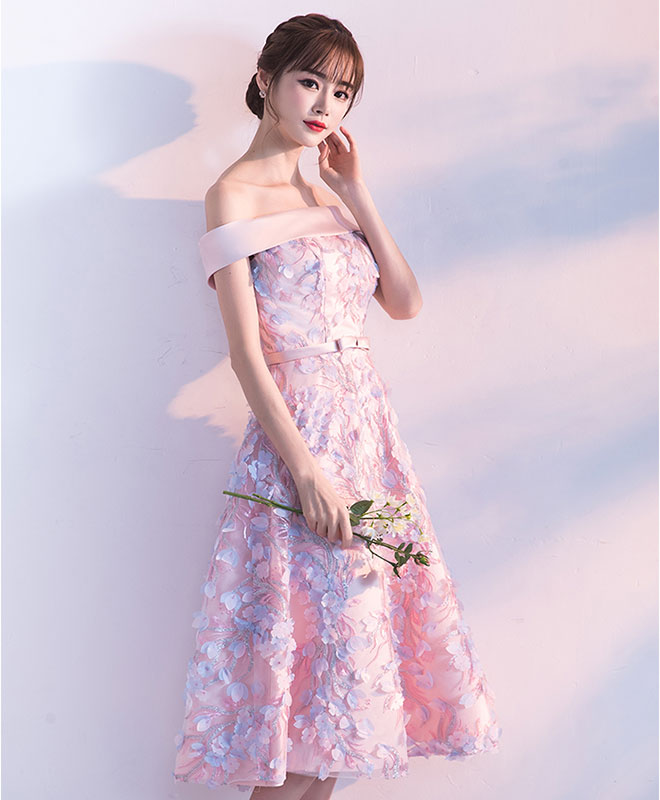 Cute Pink Lace Short Prom Dress, Pink Evening Dress