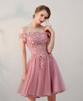 Pink Lace Tulle Short Prom Dress, Pink Evening Dresses