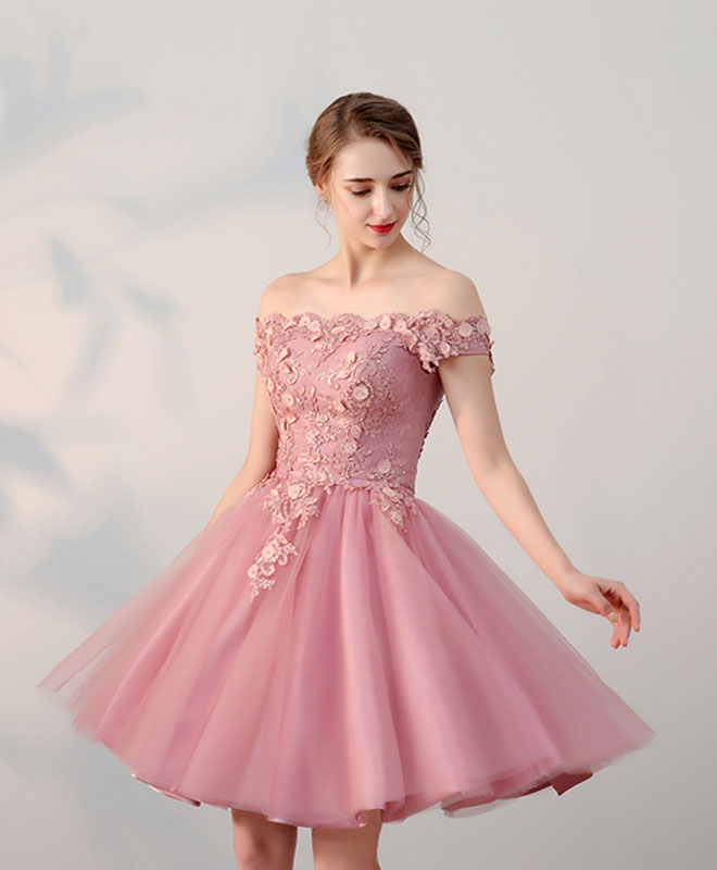 Pink Lace Tulle Short Prom Dress, Pink Evening Dresses