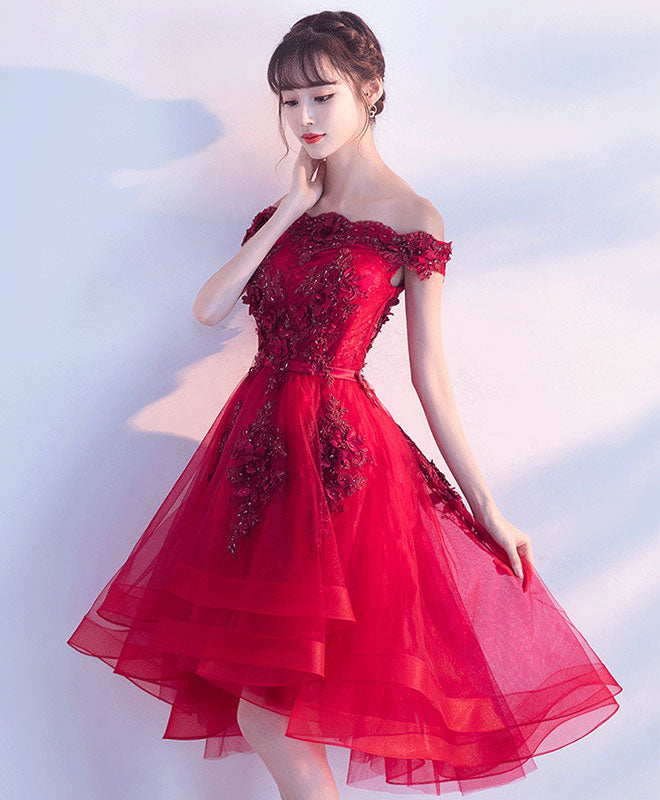 Cute Burgundy Lace Tulle Short Prom Dress, Burgundy Party Dress