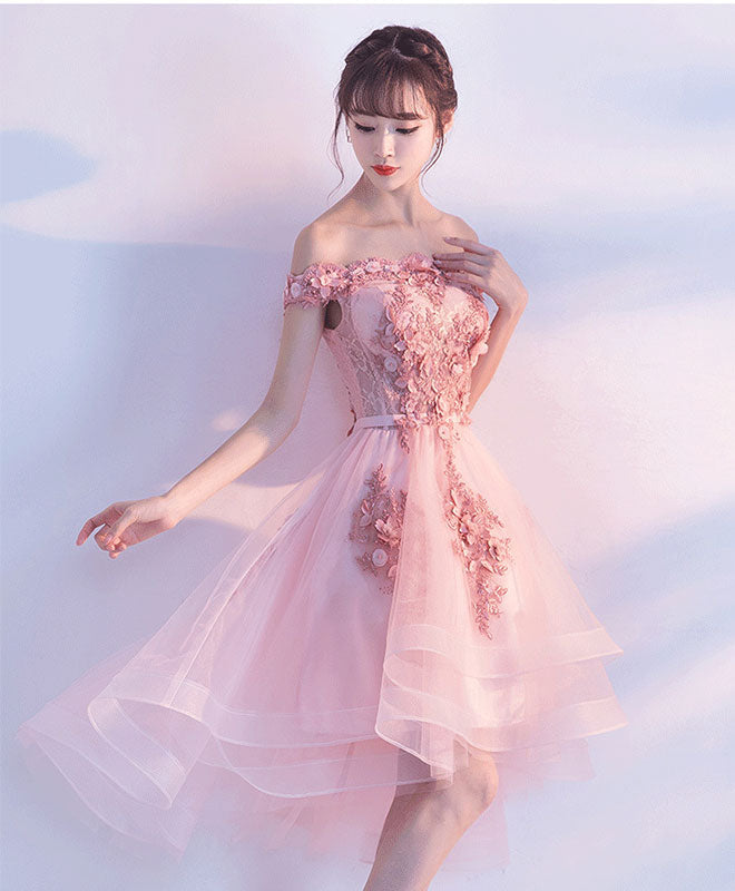 Cute Pink Lace Tulle Short Prom Dress, Pink Party Dress