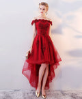 Burgundy High Low Tulle Lace Long Prom Dress, Lace Evening Dress