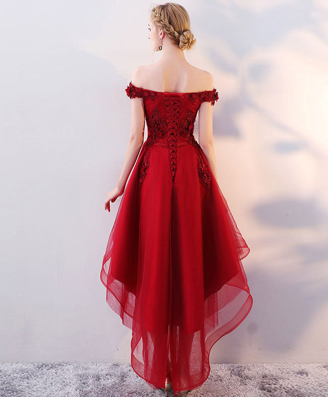 Burgundy High Low Tulle Lace Long Prom Dress, Lace Evening Dress