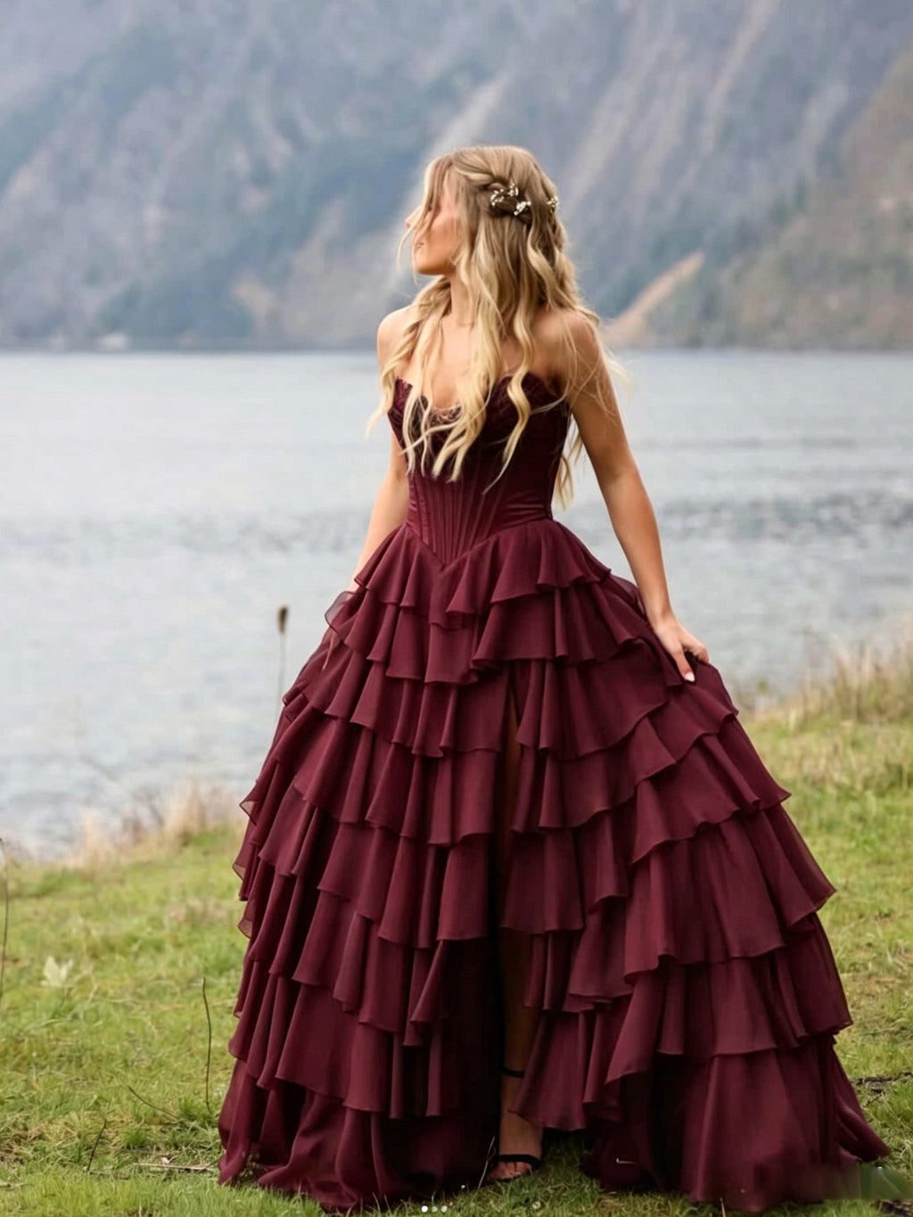 A-line V Neck Chiffon Ruffles Floor Length Prom Dress