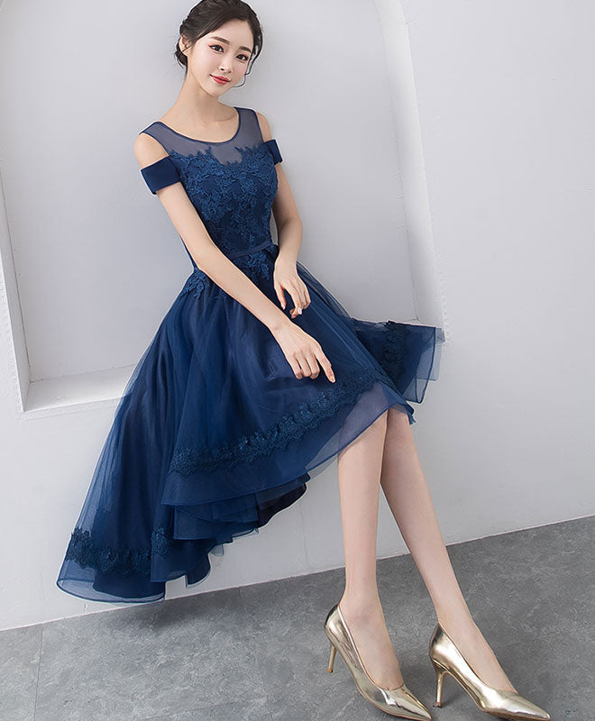 Dark Blue Lace Tulle Short Prom Dress, Homecoming Dress