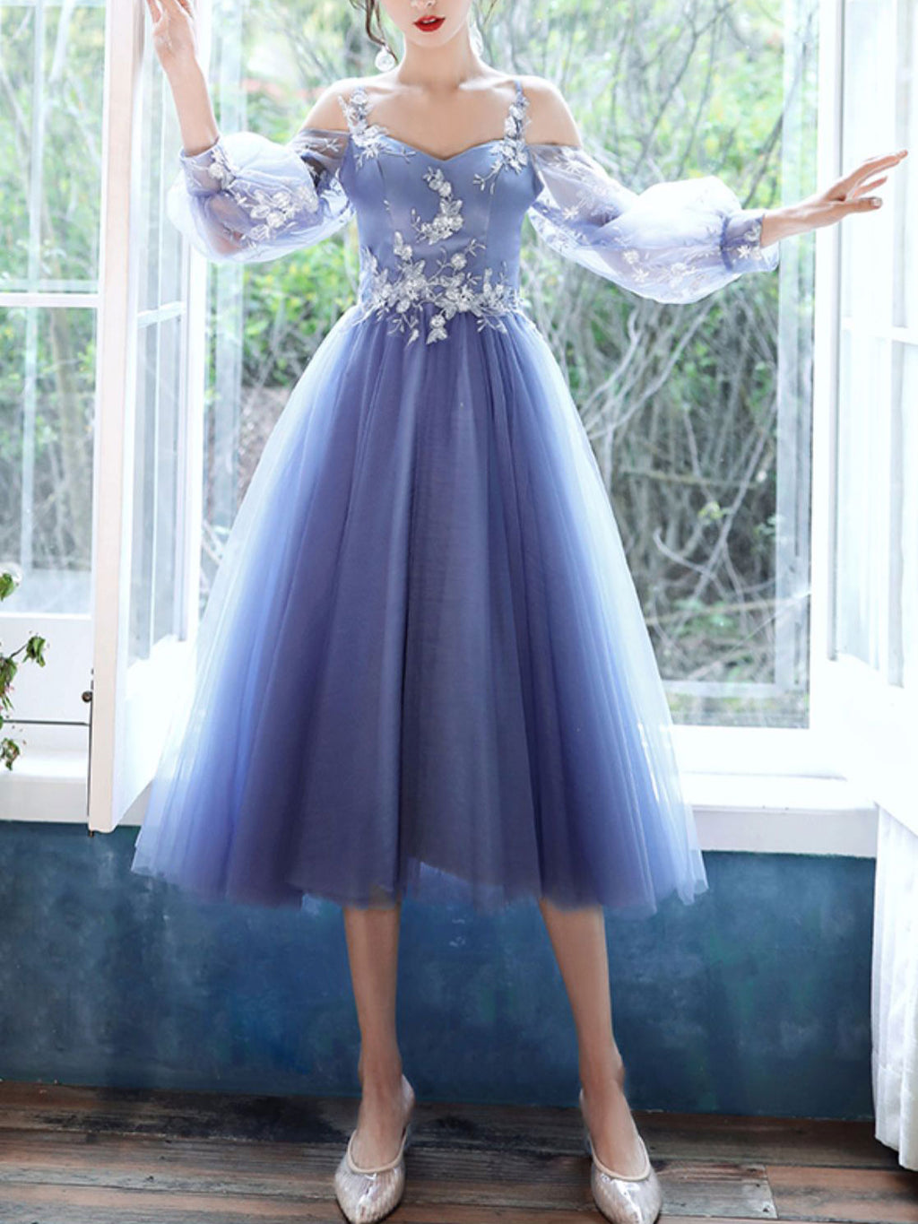Blue Tulle Long Sleeves Short Prom Dress, Blue Short Homecoming Dresses
