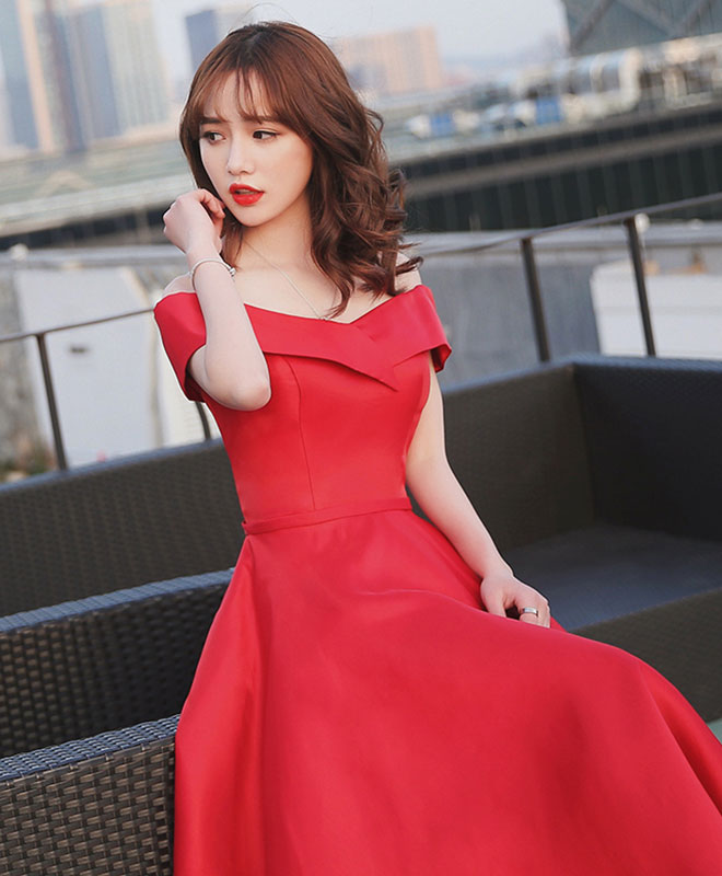 Simple Red Off Shoulder Tea Length Prom Dress, Red Evening Dress
