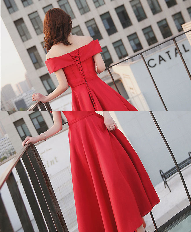Simple Red Off Shoulder Tea Length Prom Dress, Red Evening Dress