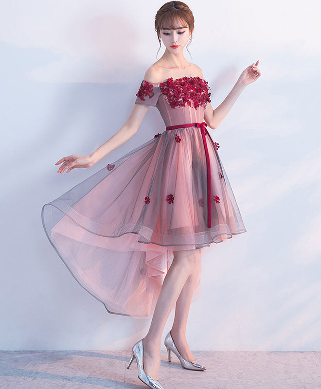 High Low Lace Tulle Off Shoulder Prom Dress, Homecoming Dress