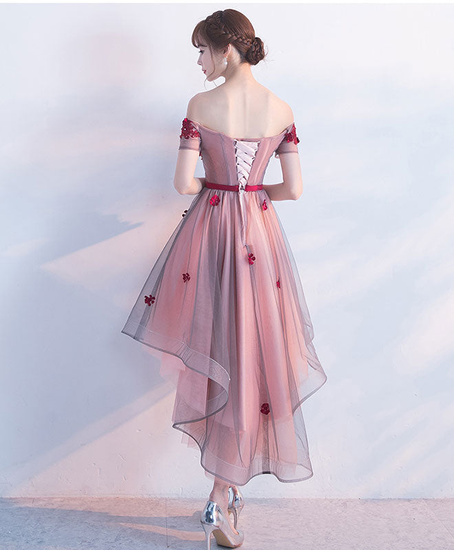 High Low Lace Tulle Off Shoulder Prom Dress, Homecoming Dress